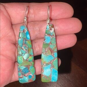 Two-sided Turquoise Oyster Shell Mosaic Sterling Dangle Earrings Oscar Betz